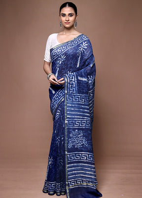 Blue Chanderi Cotton Saree With Blouse Piece