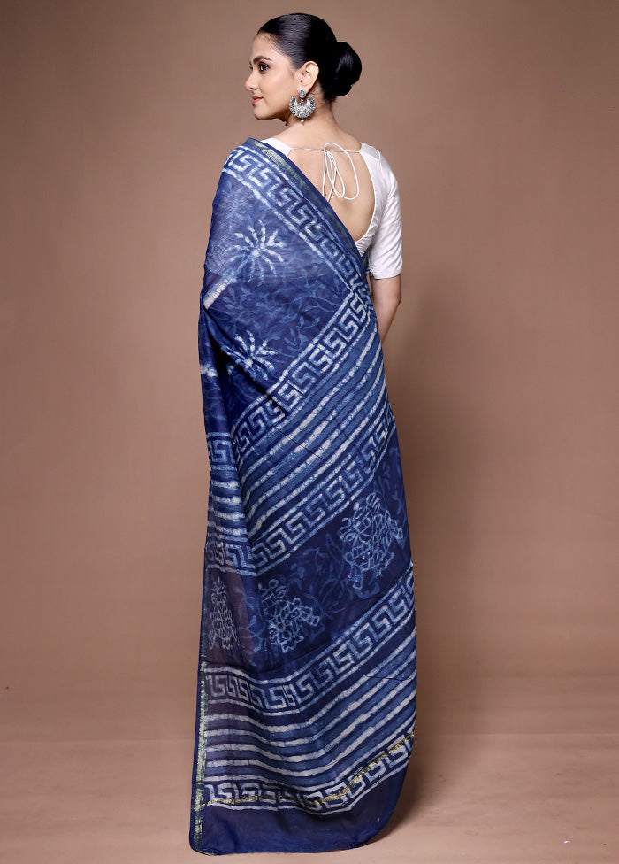 Blue Chanderi Cotton Saree With Blouse Piece