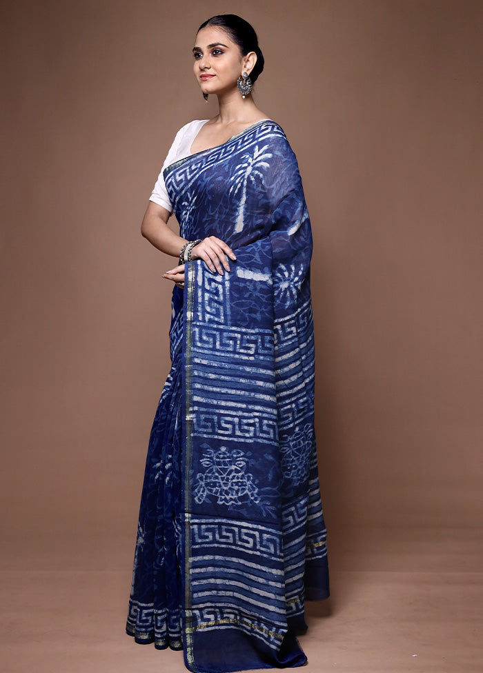 Blue Chanderi Cotton Saree With Blouse Piece