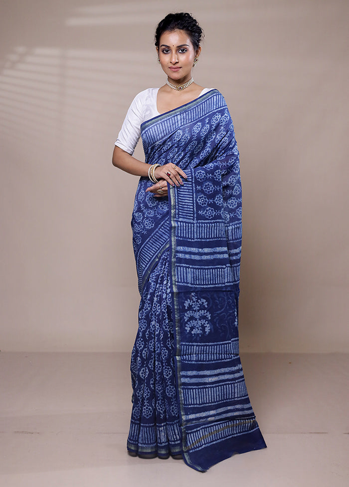 Blue Chanderi Cotton Saree With Blouse Piece