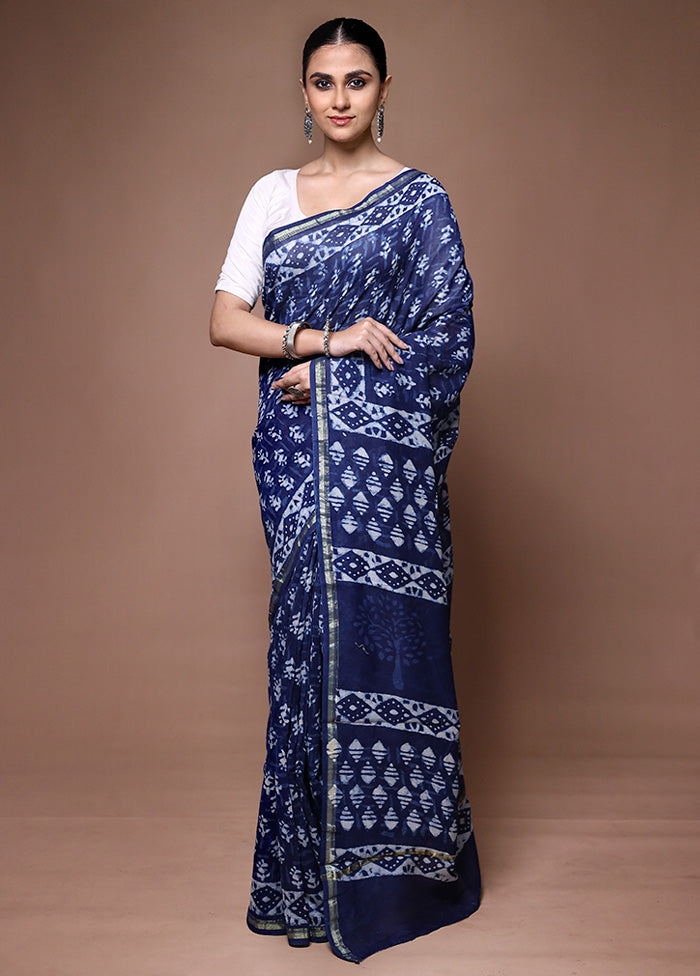 Blue Chanderi Cotton Saree With Blouse Piece