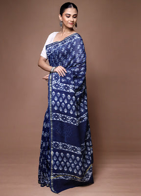 Blue Chanderi Cotton Saree With Blouse Piece