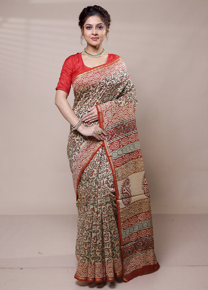 Cream Chanderi Cotton Saree With Blouse Piece