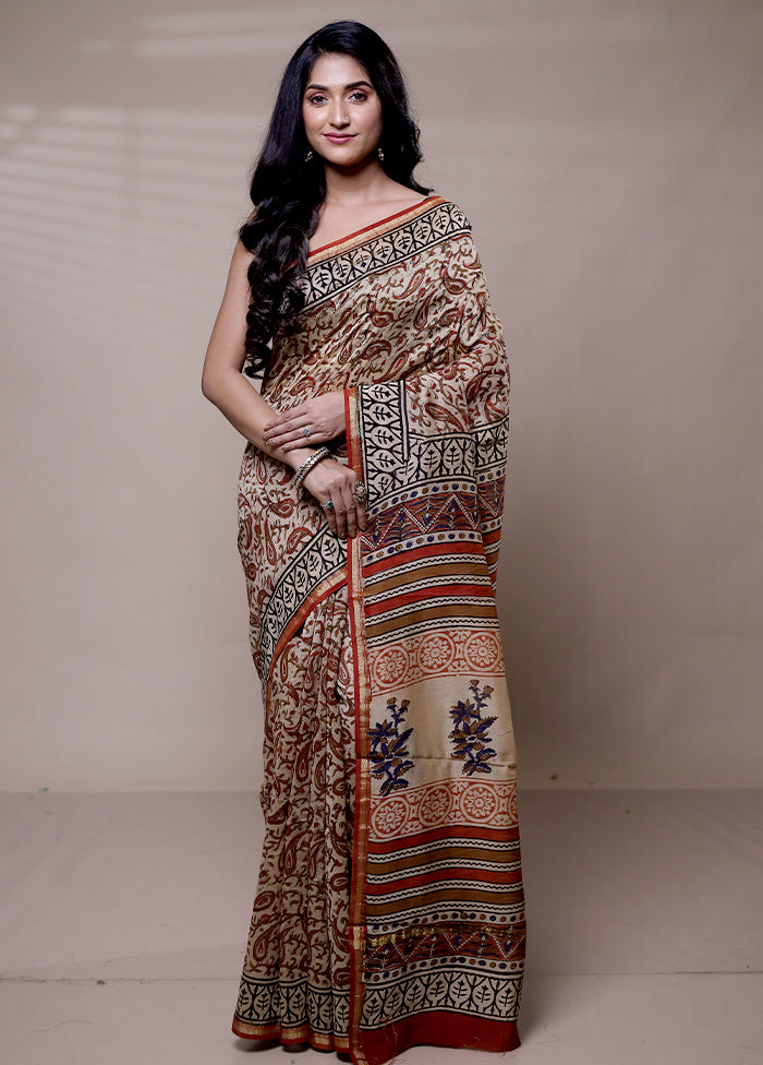 Cream Chanderi Cotton Saree With Blouse Piece