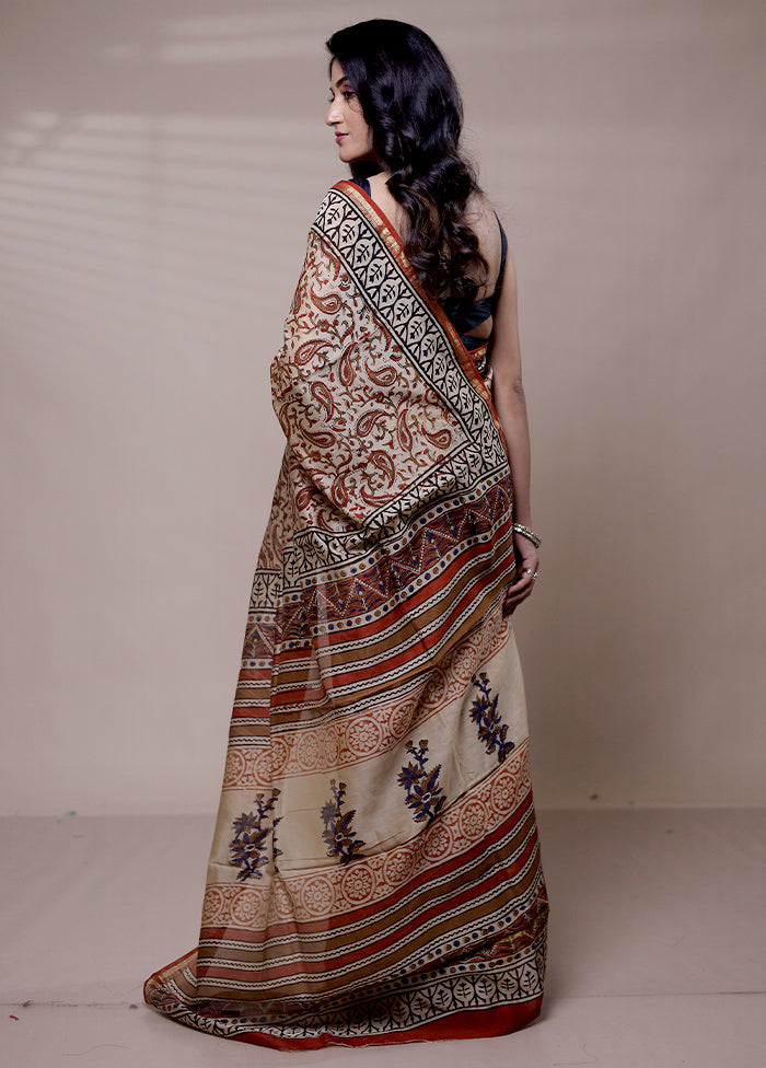 Cream Chanderi Cotton Saree With Blouse Piece