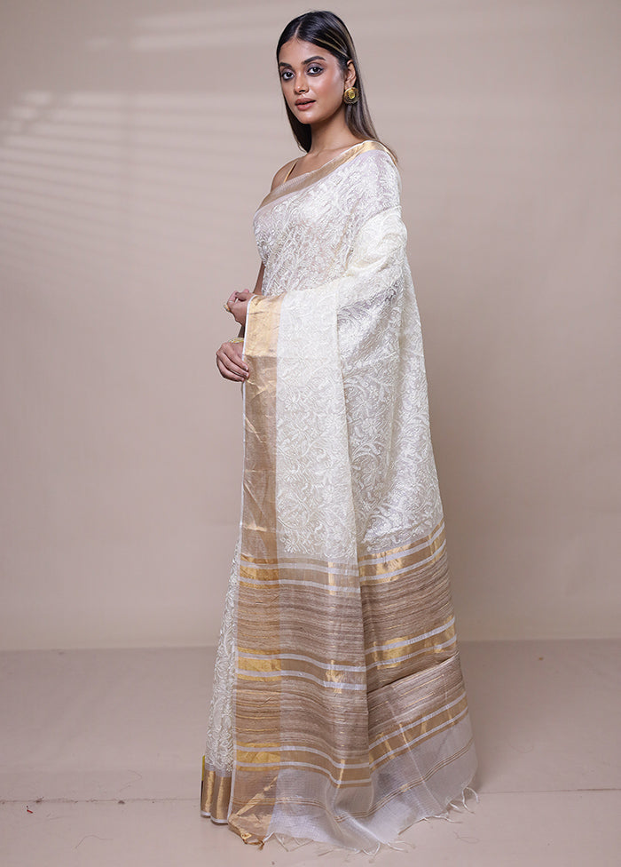 White Handloom Tussar Pure Silk Saree With Blouse Piece