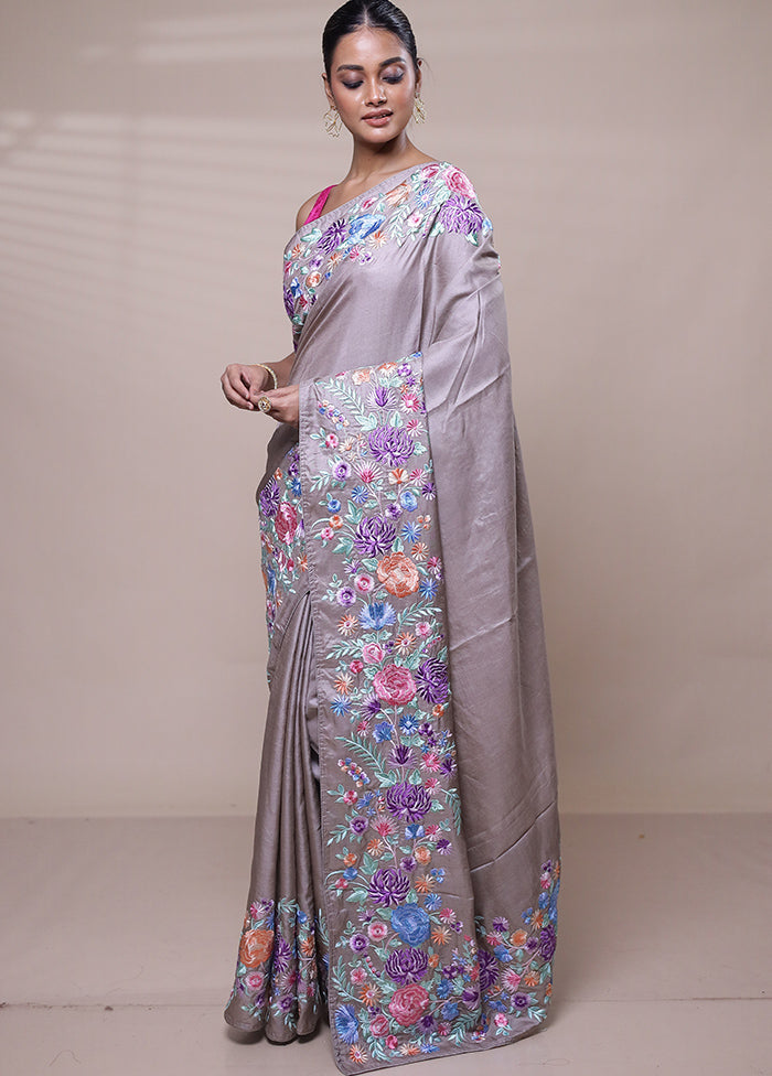 Grey Handloom Tussar Pure Silk Saree With Blouse Piece