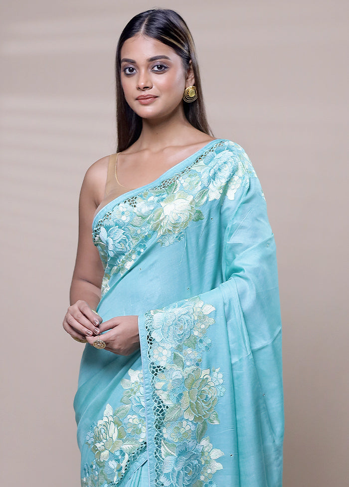 Blue Handloom Tussar Pure Silk Saree With Blouse Piece