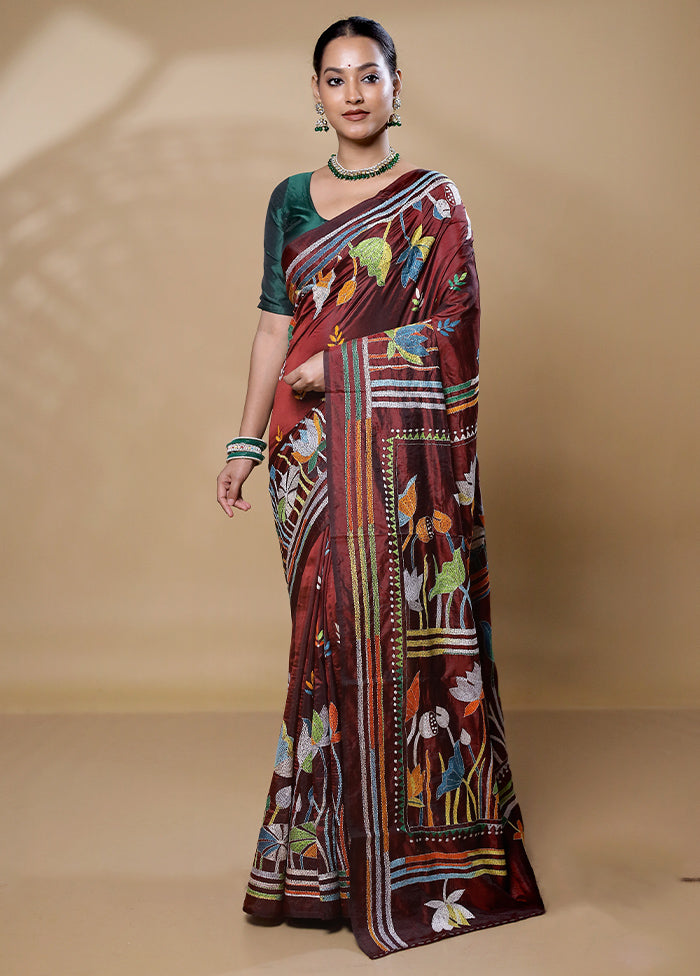 Brown Kantha Stitch Silk Saree With Blouse Piece