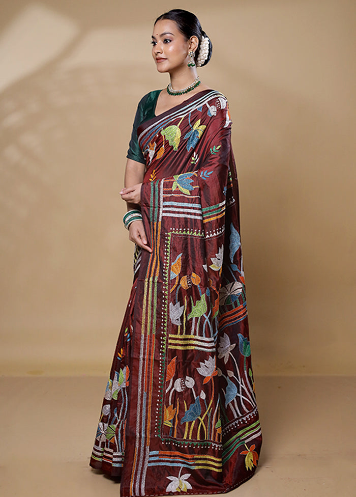 Brown Kantha Stitch Silk Saree With Blouse Piece