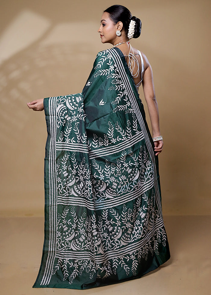 Green Kantha Stitch Silk Saree With Blouse Piece