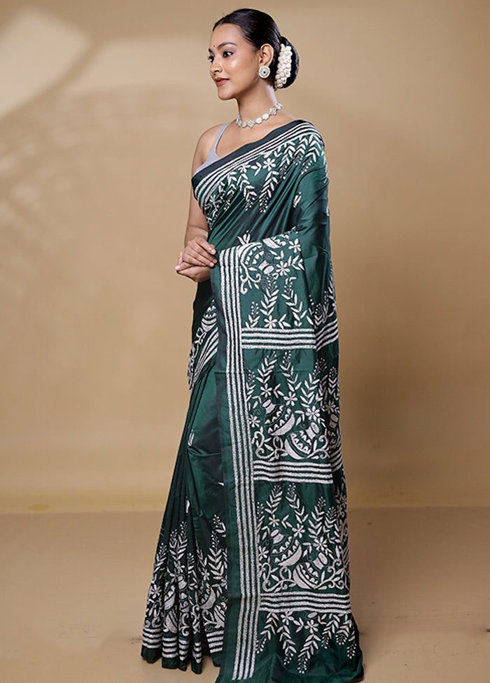 Green Kantha Stitch Silk Saree With Blouse Piece