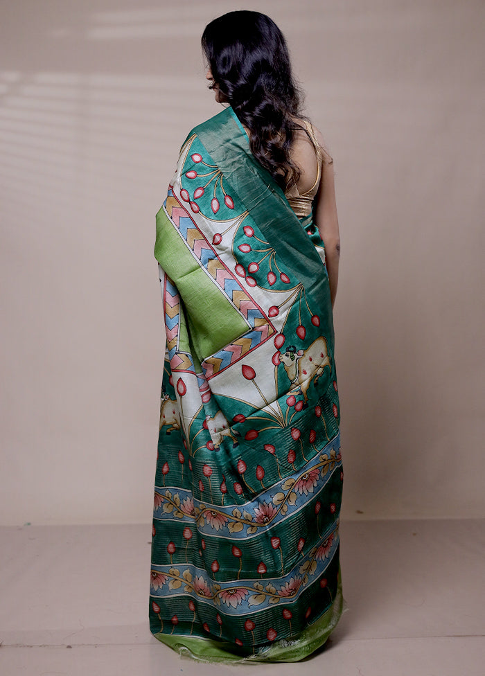 Green Handloom Tussar Pure Silk Saree With Blouse Piece