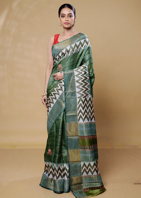 Green Handloom Tussar Pure Silk Saree With Blouse Piece