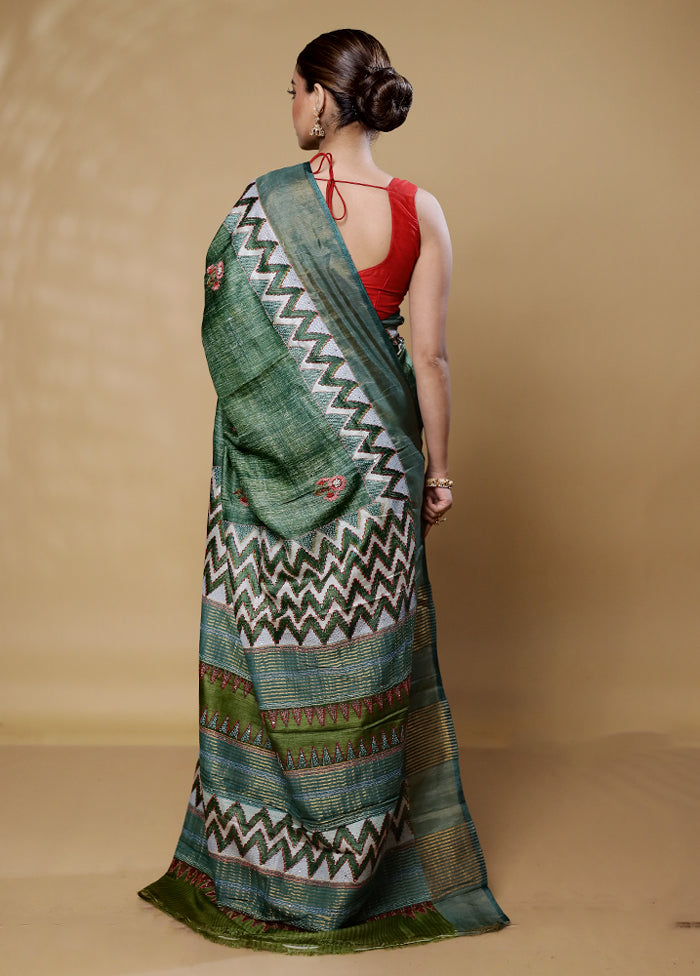 Green Handloom Tussar Pure Silk Saree With Blouse Piece