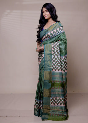 Green Handloom Tussar Pure Silk Saree With Blouse Piece