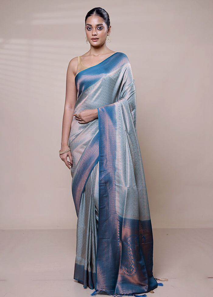 Blue Dupion Silk Saree With Blouse Piece