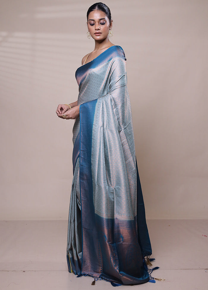 Blue Dupion Silk Saree With Blouse Piece