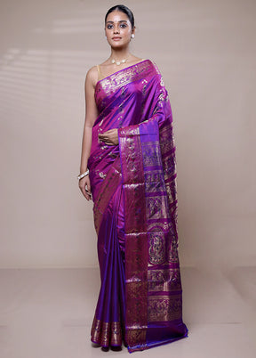 Purple Handloom Baluchari Pure Silk Saree With Blouse Piece