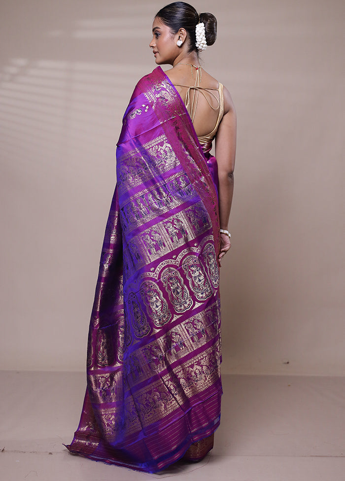 Purple Handloom Baluchari Pure Silk Saree With Blouse Piece