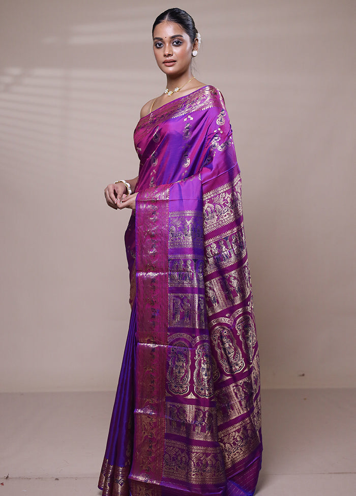 Purple Handloom Baluchari Pure Silk Saree With Blouse Piece