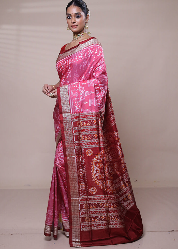 Pink Handloom Patola Pure Silk Saree With Blouse Piece