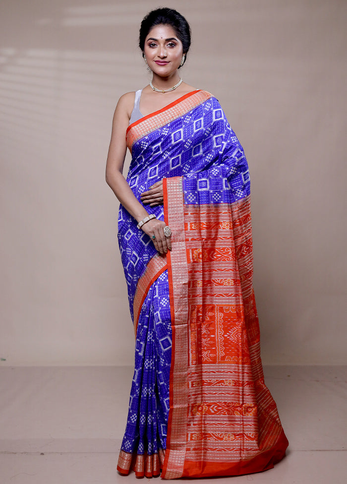 Blue Handloom Patola Pure Silk Saree With Blouse Piece