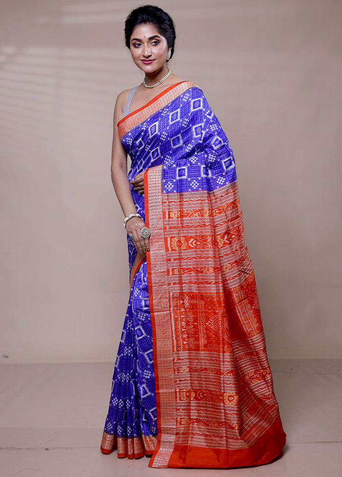 Blue Handloom Patola Pure Silk Saree With Blouse Piece