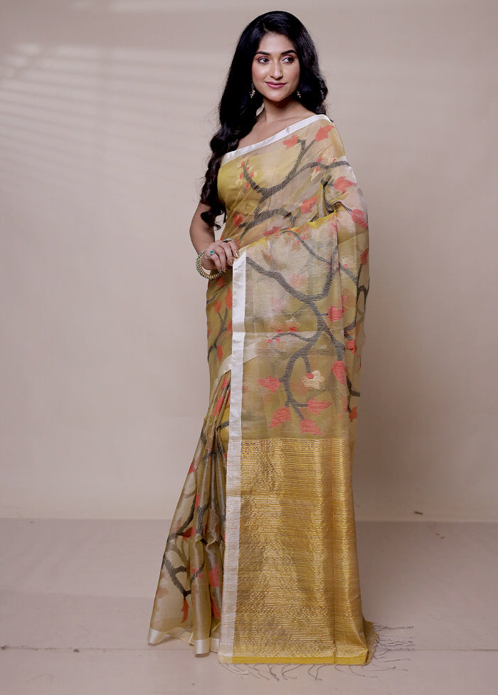 Yellow Handloom Matka Pure Silk Saree With Blouse Piece