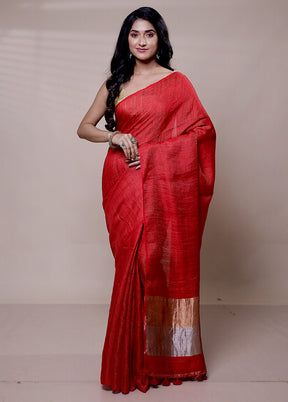 Red Handloom Linen Pure Silk Saree With Blouse Piece