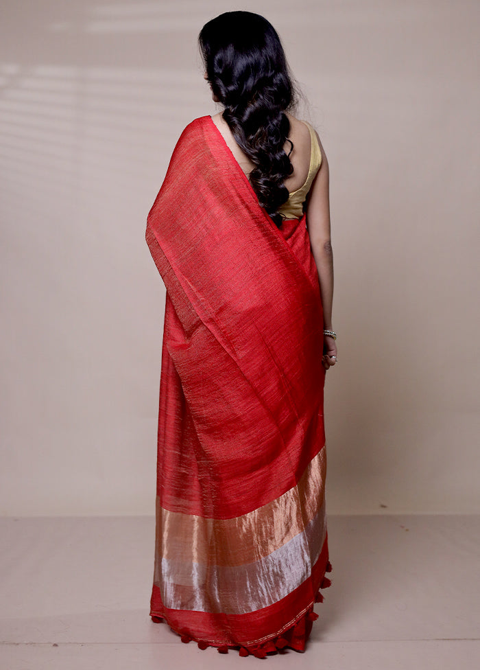 Red Handloom Linen Pure Silk Saree With Blouse Piece