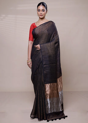 Black Handloom Linen Pure Silk Saree With Blouse Piece