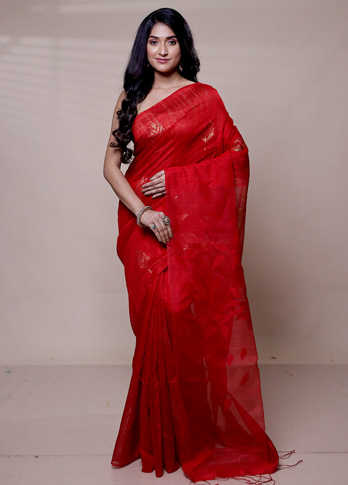 Red Handloom Matka Pure Silk Saree With Blouse Piece