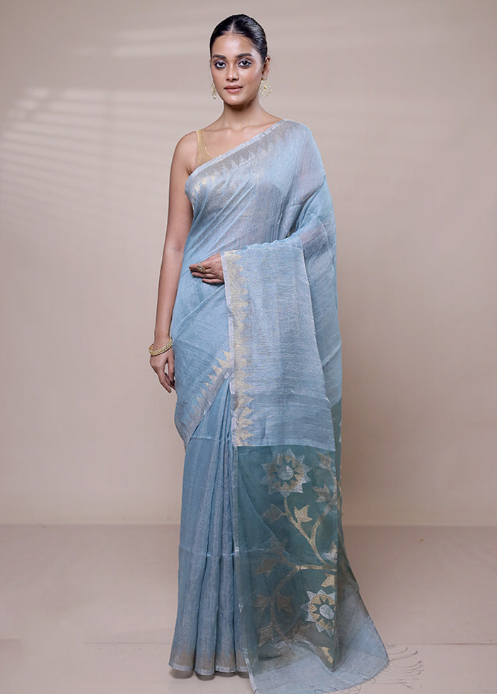 Blue Handloom Matka Pure Silk Saree With Blouse Piece