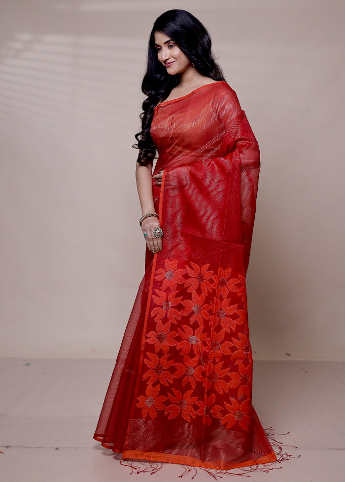 Red Handloom Matka Pure Silk Saree With Blouse Piece