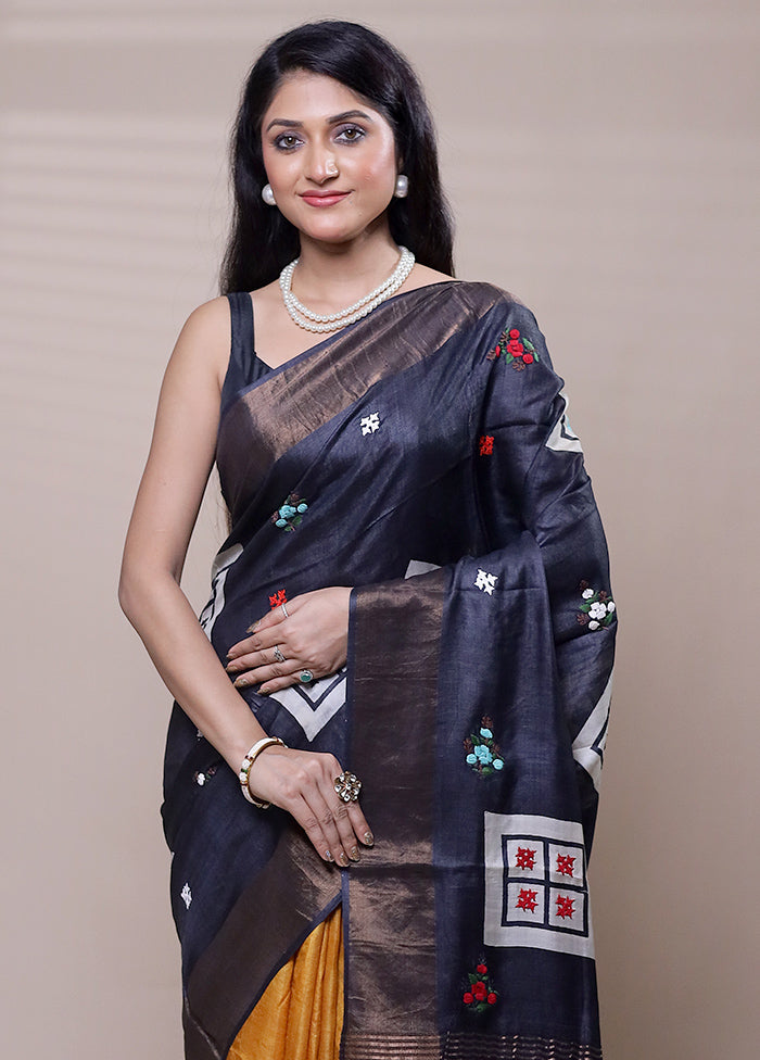 Black Handloom Tussar Pure Silk Saree With Blouse Piece