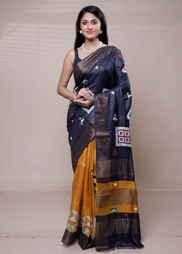 Black Handloom Tussar Pure Silk Saree With Blouse Piece