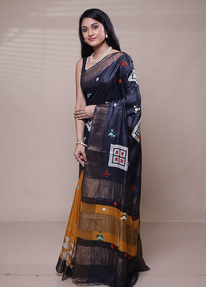 Black Handloom Tussar Pure Silk Saree With Blouse Piece