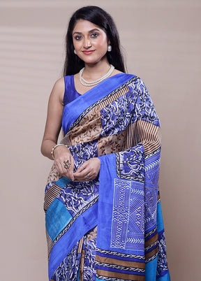 Blue Printed Pure Silk Saree Without Blouse Piece