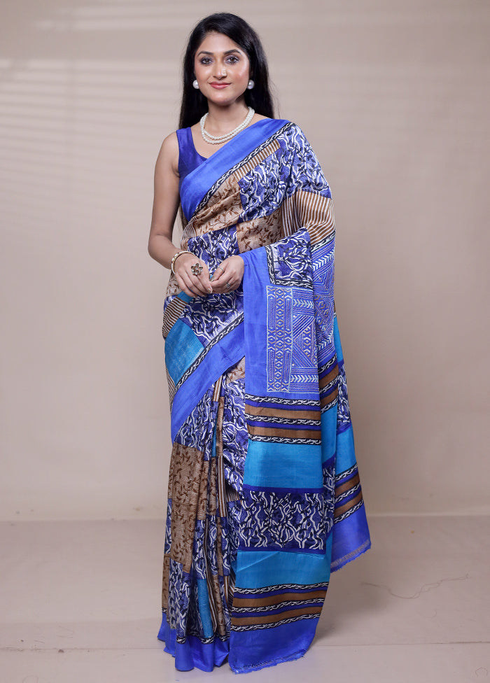 Blue Printed Pure Silk Saree Without Blouse Piece