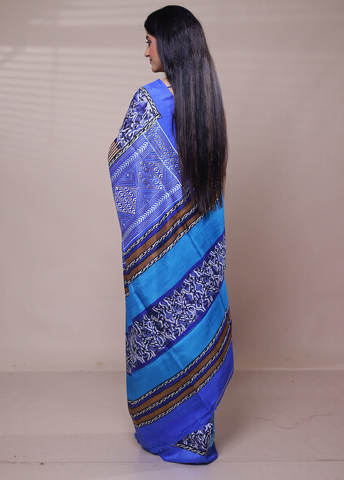 Blue Printed Pure Silk Saree Without Blouse Piece