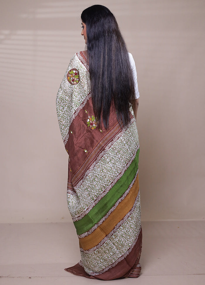 Cream Printed Pure Silk Saree Without Blouse Piece