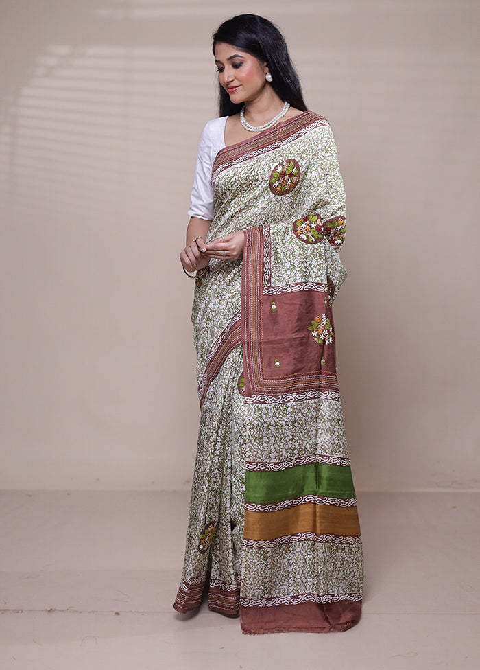 Cream Printed Pure Silk Saree Without Blouse Piece