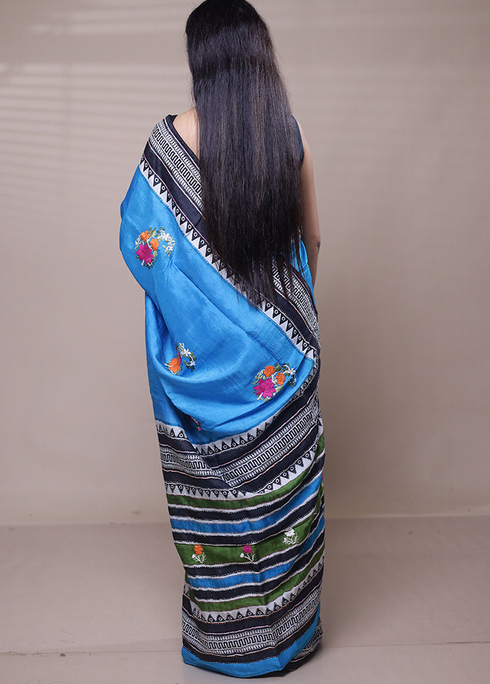 Blue Printed Pure Silk Saree Without Blouse Piece