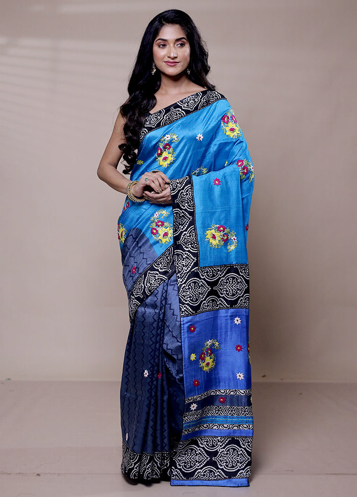 Blue Printed Pure Silk Saree Without Blouse Piece