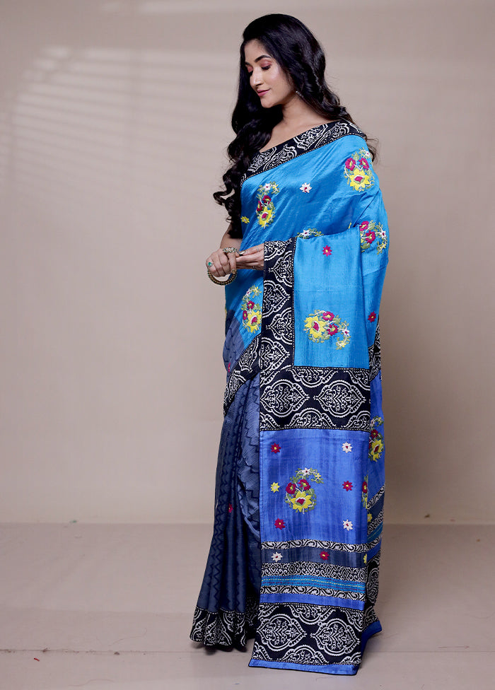 Blue Printed Pure Silk Saree Without Blouse Piece