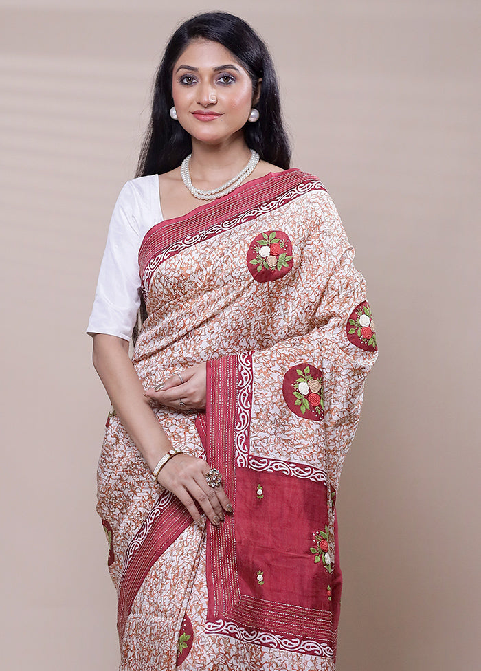 Cream Printed Pure Silk Saree Without Blouse Piece