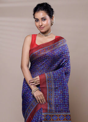 Blue Printed Pure Silk Saree Without Blouse Piece