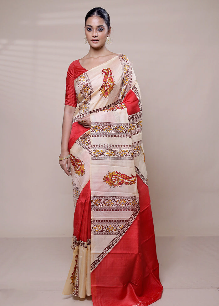 Cream Printed Pure Silk Saree Without Blouse Piece