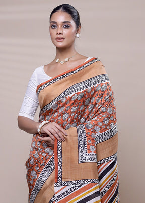 Orange Printed Pure Silk Saree Without Blouse Piece